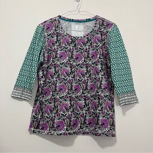 Cino Women's Two Tone Floral Top Sz L Purple Green 3/4 Sleeve Boho 100% Cotton